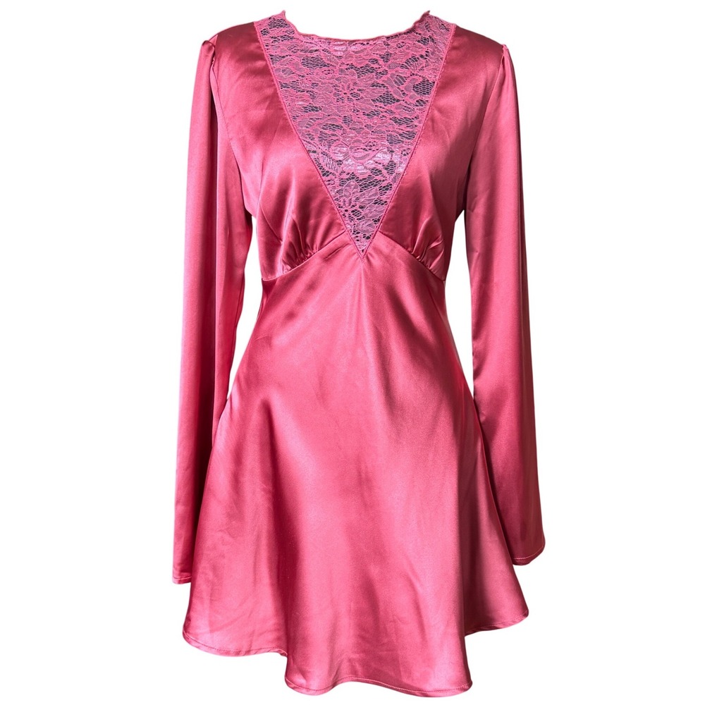 Olia Y2K Pink Satin Lace Mini Dress Women's Small Long Sleeve Open Back